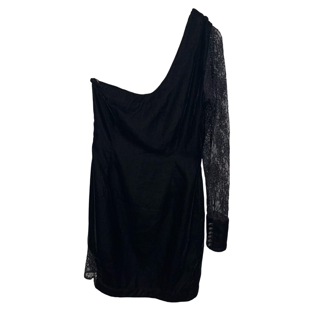 Retrofete | One Sleeve Mini Dress with Lace in Black Velvet - Size Small (New) - Picture 2 of 8